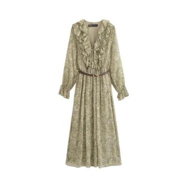 Imagem de Vestido Feminino Vintage De Verão Com Estampa, Manga Longa, Babados E 