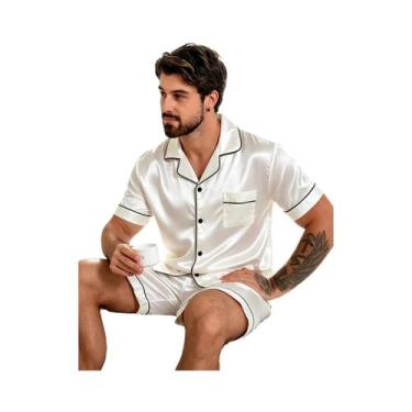 Imagem de Conjunto De Pijama De Verão Masculino Em Cetim Com Camisa De Manga Cur