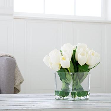 Imagem de Arranjo floral de tulipa em vaso - 24 flores artificiais creme com folhas em tigela quadrada de vidro transparente decorativa e água sintética para decoração por Pure Garden