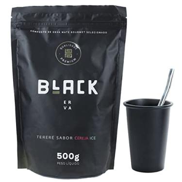 Imagem de KIT COPO DE TERERÉ PRETO + BOMBA DE TERERÉ INOX + BLACK ERVA MATE 500G (Cereja Ice)