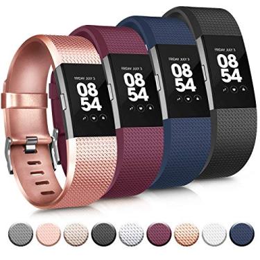 Imagem de Tobfit Pacote com 4 pulseiras esportivas compatíveis com Fitbit Charge 2, pulseiras de substituição para mulheres e homens, pequenas/grandes (pequeno, preto/ouro rosa/vermelho vinho/azul)