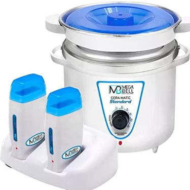 Imagem de Termocera Panela Depilação 900g c/Refil + Base Dupla c/ 2 Rollon Branco c/Azul Mega Bell