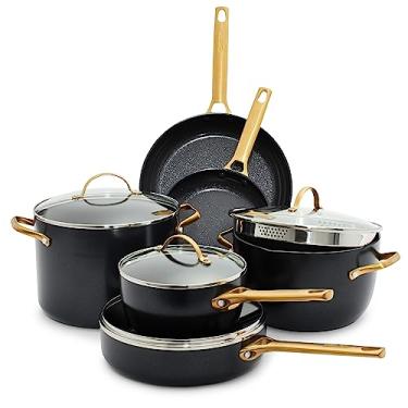 Imagem de GreenPan Conjunto de 10 panelas e frigideiras de cerâmica anodizada, saudável, antiaderente, de aço inoxidável dourado, livre de PFAS, lavável na lava-louças, seguro para forno e grelha, preto