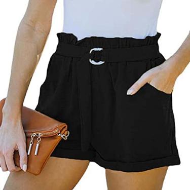 Imagem de Shorts de Cintura Alta Com Cinto, Shorts Femininos Casuais de Cor Lisa Com Bolso Reto para Uso Ao Ar Livre para Mulheres (M)
