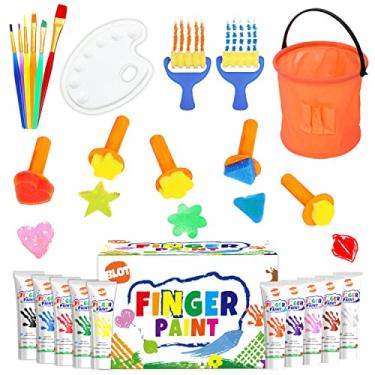 Imagem de Kit de pintura infantil Early Learning lavável tintas para dedo com pincéis de pintura sortidas, carimbos esponjas paleta para crianças artesanato desenho presente a partir de 3 anos