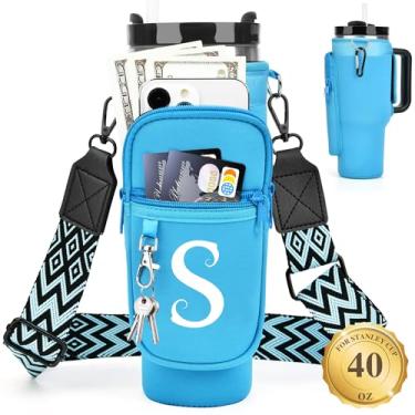 Imagem de LOKASS Suporte de garrafa de água personalizado com alça para acessórios Stanley Cup Tumbler de 1,134 g, bolsa de transporte inicial para garrafa de água com bolso para telefone, para mulheres, ideal