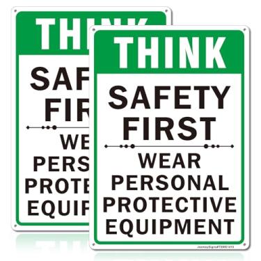 Imagem de Think Safety First Sign, pacote com 2 - 35,5 cm x 25,4 cm Alumínio refletivo de grau de engenheiro, sem ferrugem, resistente ao desbotamento, proteção UV, à prova de intempéries, fácil de montar