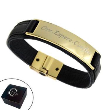 Imagem de Pulseira de Couro Magnética Masculina Feminina Preta Ore, Espere e Con