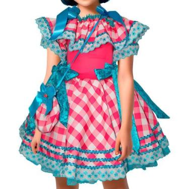 Imagem de Vestido Infantil de Festa Junina Xadrez Rosa e Azul Com Alça e Cintura