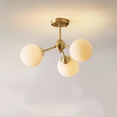 Imagem de VRJVPQBE Lustre dourado moderno com globo de vidro fosco branco, lâmpadas G9 incluídas candelabro Sputnik luminária de teto ajustável para sala de jantar