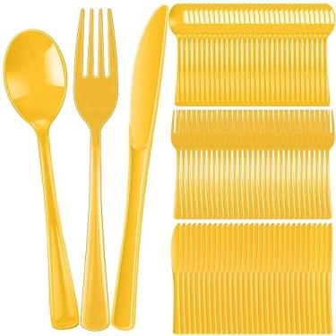 Imagem de Conjunto de talheres de plástico com 300 peças, conjunto de talheres resistentes, inclui 100 colheres descartáveis, 100 garfos e facas para festas, reuniões de família (amarelo)