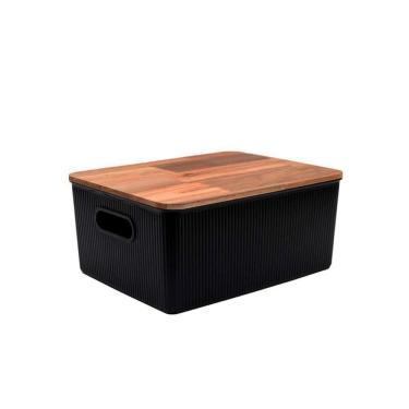 Imagem de caixa organizadora 16L de plástico com tampa de madeira acácia - Oikos