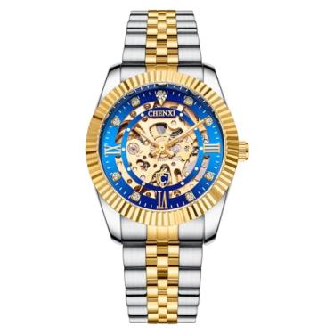 Imagem de Verhux Relógios masculinos esqueleto dourados, automáticos, luxuosos, realçados, mecânicos, de aço inoxidável, à prova d'água, charmosos, 8840 relógios masculinos de dois tons com mostrador azul