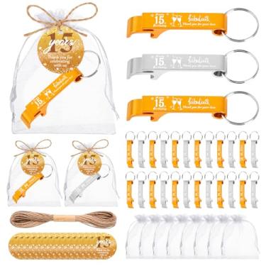 Imagem de 60 conjuntos 15º abridor de garrafas de cerveja chaveiro a granel 15º aniversário lembrancinhas de festa de aniversário para convidados, 15º abridor de garrafas personalizado com sacos de presente,