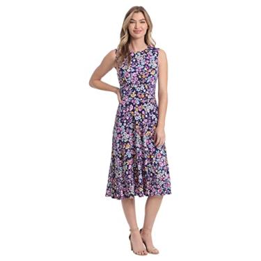 Imagem de London Times Vestido feminino sem mangas com cintura inserida midi e flare, Azul-marinho/rosa, 25 Plus Size