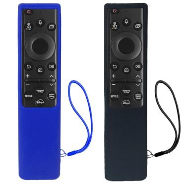Imagem de Pacote com 2 capas para controle remoto Samsung Smart TV, capa compatível com Samsung Solar Cell Remote 2021 2022 BN59-01357 01385 01265A Capa protetora de silicone que brilha no escuro - preto + azul