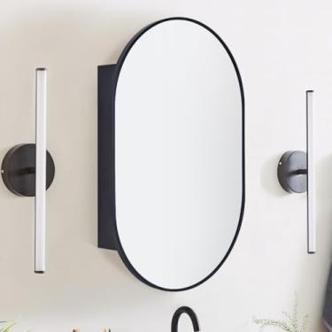 Imagem de EGHOME Armário de remédios para banheiro preto com espelho moldura de metal oval armário de armazenamento de banheiro 50 x 76 cm