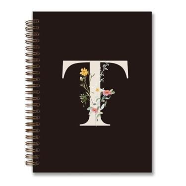 Imagem de foedor Caderno espiral de capa dura personalizado moderno, caderno preto com letra T, presentes com monograma para mulheres adolescentes, caderno espiral de capa dura pautado para faculdade, 14 x 21