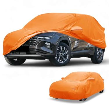 Imagem de Partuto Capa de carro à prova d'água para todos os climas, automotiva, externa, anti-UV, proteção contra chuva e sol, cobertura externa completa para Hyundai Tuscon 210D-PU laranja com tiras