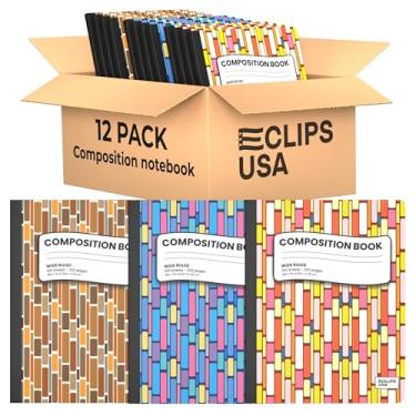 Imagem de E-CLIPS USA Cadernos de composição, caderno de composição pautado largo, caderno de composição de capa dura, 3 cores de design geométrico, 100 folhas, 24 x 19 cm (pacote com 12)