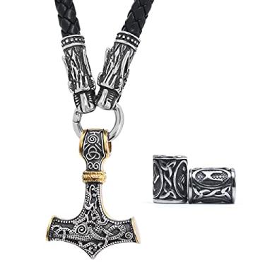 Imagem de GUNGNEER Colar masculino com pingente de martelo Thor, cor dourada mista, cor viking, Mjolnir, corrente de couro com cabeça de lobo preta, aço inoxidável 316L bônus 2 contas de runa
