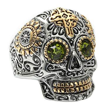 Imagem de INRENG Anel masculino de aço inoxidável prata dourado gótico crânio cruz verde olho vintage flor esculpida Halloween, Metal, Zircônia cúbica,
