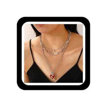 Imagem de Zeshimb Colar de cristal de coração vermelho com pingente de coração duplo, corrente de clipe de papel em camadas, colar de coração rosa, colar delicado de flores, colar de declaração de coração,