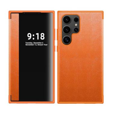 Imagem de FWYANZH Capa flip para Samsung Galaxy S25 Ultra/S25 Plus/S25, Smart Clear View Window Slim Capa de couro à prova de choque, laranja, S25