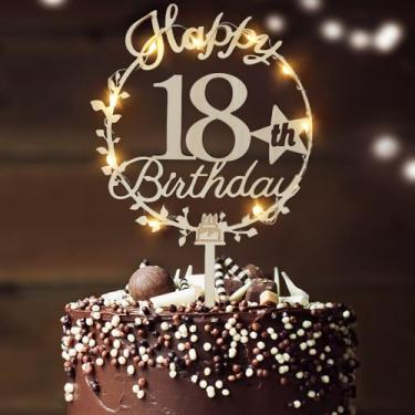 Imagem de Acmee Wood Happy Birthday Cake Toppers with LED Fairy Light for 18th 21th 30th 40th 50th 60th 70th 80th Party Decorations (Happy 18th Birthday)