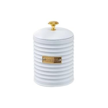 Imagem de Pote para Café de Metal c/Tampa Friso Branco Premium c/Puxador Dourado Pote Redondo 16x10x10cm 1lt. Porta Mantimentos Moderno e Elegante