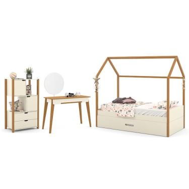 Imagem de Jogo de Quarto Infantil Kids Liv Organizador, Cama, Auxiliar e Penteadeira Tifanny - Matic Móveis Off White/Freijó/Eco Wood
