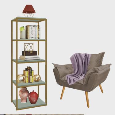 Imagem de Kit Poltrona Fatte com Manta Soft Lilás e Estante Livreiro Ferro Dourado mdf Verde Oliva Suede Bege - Ahazzo Móveis