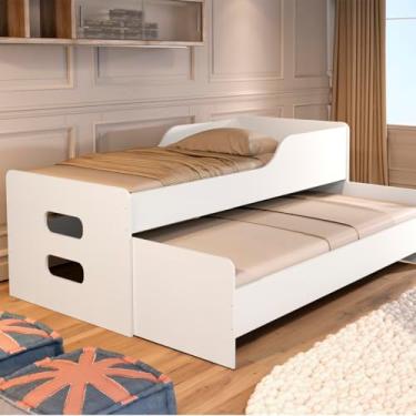 Imagem de Cama Solteiro com Bicama Auxiliar em MDF com Rodinhas, Design Moderno, Estrutura Reforçada, Ideal para Quarto Compacto (Branco)