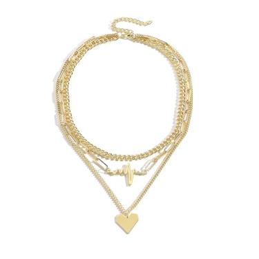 Imagem de FUTIMELY Colar de ouro em camadas com coração batimento cardíaco para mulheres, colar exclusivo de metal com pingente de amor, clipe de papel em camadas de prata, colar de elos cubanos, Large, Liga de