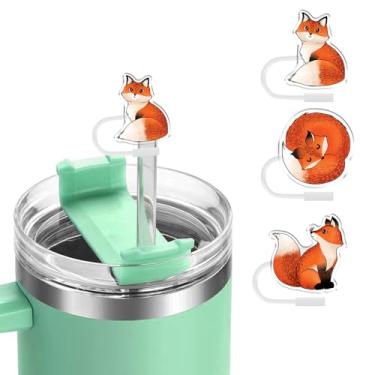 Imagem de WIRESTER Conjunto de 3 peças de topo de canudo, tampa reutilizável de 10 mm, acessórios fofos compatíveis com copo Stanley de 850 g 1,134 g - Red Fox Funny Playful Postures