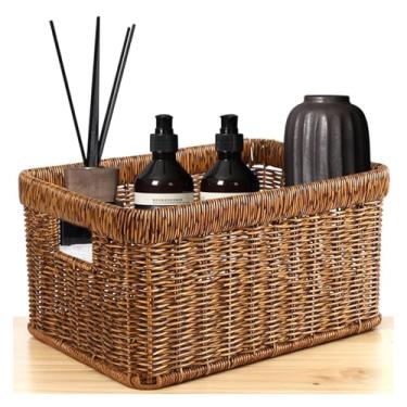 Imagem de Cesta de armazenamento de vime rústico com alças – trama entrelaçada reforçada, orifícios de drenagem e grande capacidade para cozinha, despensa e organização do banheiro, 35,5 x 23 x 17,8 cm (estilo