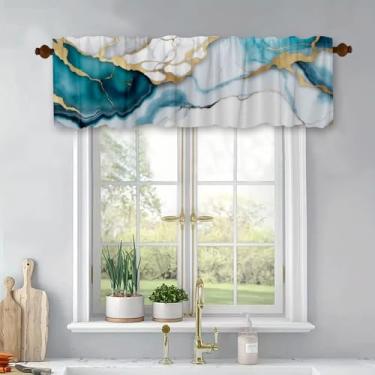 Imagem de Cortina de mármore abstrata sanefa para janelas azul marinho com listras douradas com bolso para varão para sala de estar, banheiro, quarto, cozinha, 137 x 45 cm
