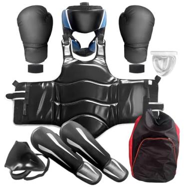 Imagem de LQDMAER Conjunto De Equipamentos De Boxe E Taekwondo, Conjunto De Equipamentos De Karatê Para Adultos, Caneleiras Para Artes Marciais, Costelas, Capacetes, Protetores Bucais (Preto, G (67-74,8 Pole