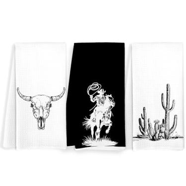 Imagem de FITIE Conjunto de 3 toalhas de cozinha vintage de vaca ocidental caveira rodeio caubói cacto toalhas de chá para decoração de cozinha, toalhas de mão sudoeste preto e branco para decoração de banheiro
