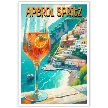 Imagem de Moderna Costa Amalfitana Bebida Receita Cartazes Aperols Spritz Cocktail Arte de Parede Laranja Vinho Comida Paisagem Impressão Pintura para Bar Carrinho Sala de Estar Quarto Decoração de Parede 30 x