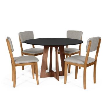 Imagem de Mesa De Jantar Redonda Montreal Pret/nor Com 4 Cadeiras Estofadas Ella Cinza Claro