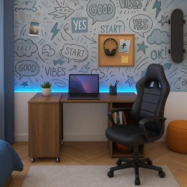 Imagem de Mesa Retrátil Compacta Mdf 15mm Amadeirado Escuro Home Office Estudo Otimiza Espaço