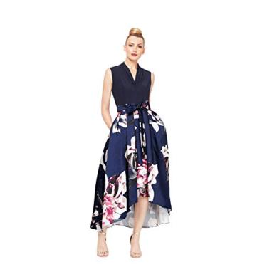 Imagem de S.L. Fashions Vestido feminino floral alto baixo com bolsos e corpete elástico, vestido de convidada de casamento (tamanho pequeno e regular), Azul-marinho multi, 44