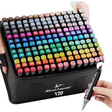 Imagem de Conjunto de Canetas Marcador Permanente Canetinhas para Colorir Touch com Ponta Dupla para Desenhos Profissional e Escolar com Duas Pontas Hidrográficas com Estojo para Transporte (120)