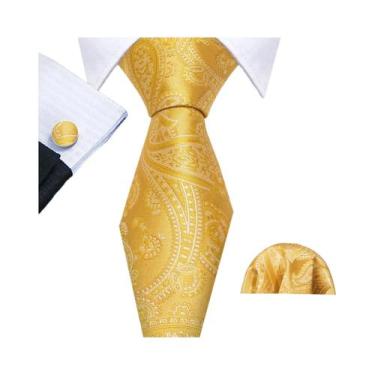 Imagem de Conjunto de Abotoaduras e Gravata de Seda - Tulipas Douradas, Bege, Am
