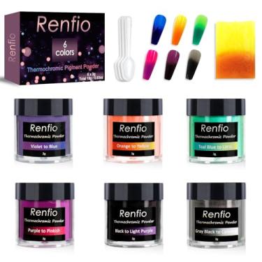 Imagem de Renfio Pó de pigmento termocrômico de 6 cores, pó de mudança de cor de 18 g/0,63 oz ativado a 31.1 °C/31°C, pigmento termocrômico 3g cada para resina epóxi, geleca, unha, copos, tinta, tecido, corante