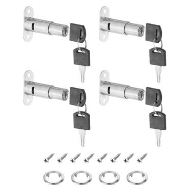Imagem de PATIKIL Trava de êmbolo, pacote com 4 40 mm (1-7/10.2 cm) comprimento do cilindro 3/10.2 cm diâmetro do cilindro liga de zinco acabamento cromado trava de gaveta de mesa com chave diferente para porta