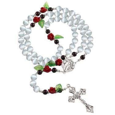 Imagem de HELLOWIN Colar de rosário católico com contas de olho de gato branco de 8 mm com contas de glória rosa coral na Virgem Maria bolsa de couro PU para mulheres
