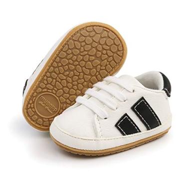 Imagem de BABSMULY Sapatos para bebês meninos meninas sola de borracha antiderrapante tênis de couro PU de cano alto sapatos infantis primeiros passos sapatos de berço infantil mocassins rasteiros., B/White&black, 6-12 Meses