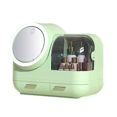 Imagem de Caixa organizadora de maquiagem com espelho e ventilador de LED, estojo de exibição de armazenamento de cosméticos de grande capacidade, organizador de cuidados com a pele à prova d'água e à prova de